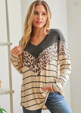 Load image into Gallery viewer, Charcoal/Leopard/Stripe Colorblock Long Sleeve Top
