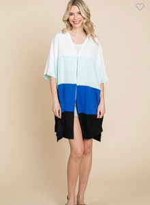 Sky Blue Color Block Short Sleeve Duster Cardigan