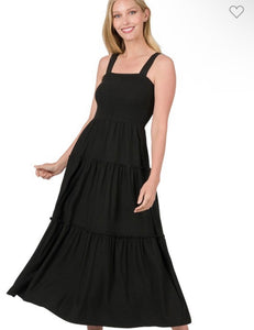 Black Smocked Tiered Midi Dress