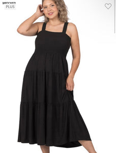 Black Smocked Tiered Midi Dress