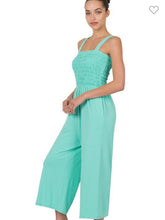 Load image into Gallery viewer, Mint Smocked Top Striped Jumpsuit with Pockets
