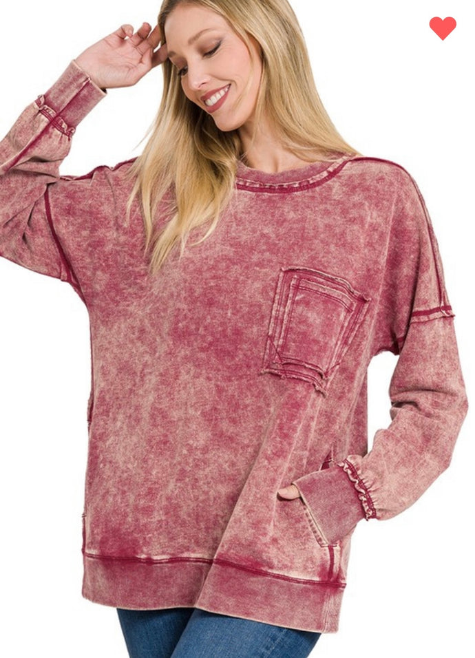 Dark Burgundy Acid Wash Pullover