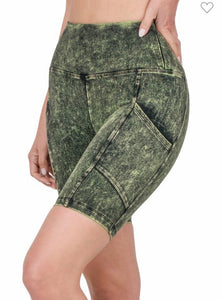 Green Mineral Wash Biker Shorts