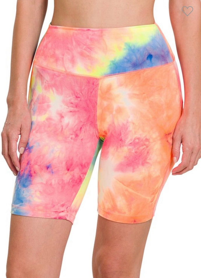 Neon Pink/Green Tie Dye Biker Shorts