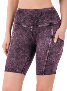 Blackberry Mineral Wash Biker Shorts with Pockets