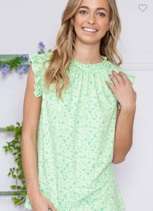 Lime Floral Sleeveless Ruffle Pleated Top