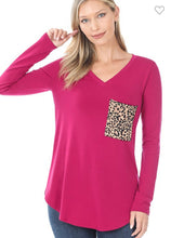 Load image into Gallery viewer, Long Sleeve V-neck with Leopard Pocket Detail
