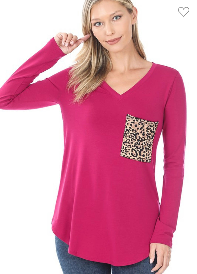 Long Sleeve V-neck with Leopard Pocket Detail