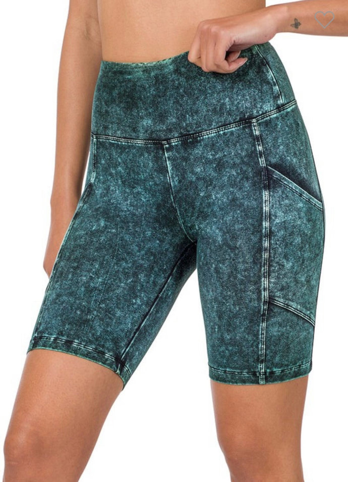 Deep Aqua Mineral Washed Biker Short w/Pockets