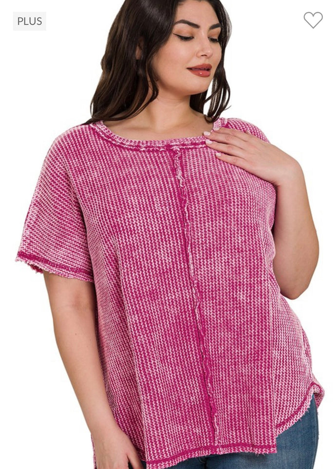 Hot Pink Washed Baby Waffle Short Sleeve Top