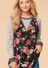 Load image into Gallery viewer, Black Floral with Grey Stripe Sweater
