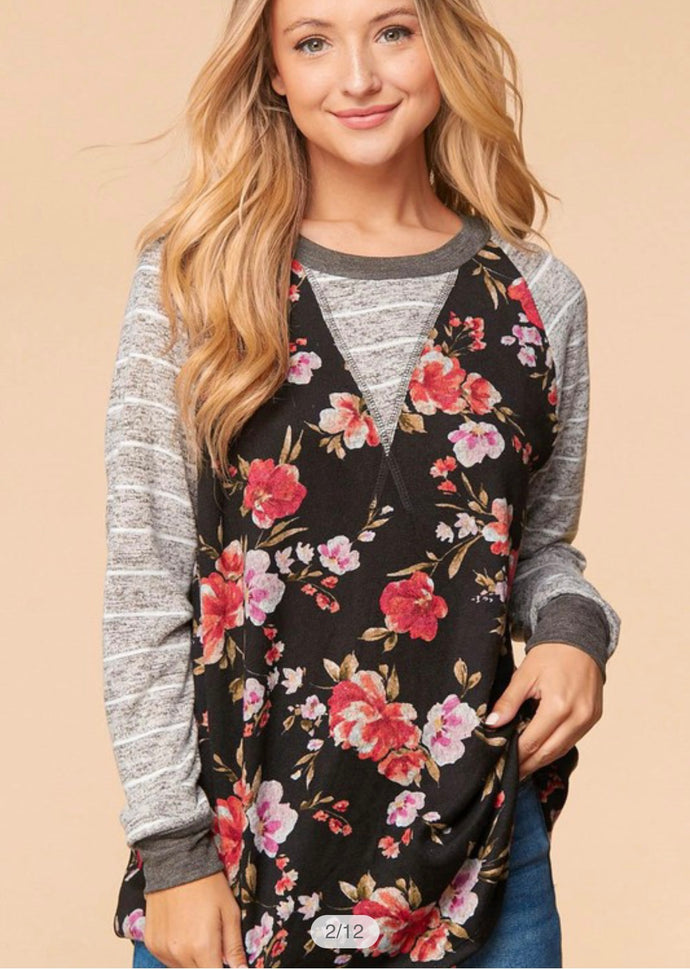 Black Floral with Grey Stripe Sweater