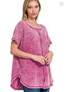 Hot Pink Washed Baby Waffle Short Sleeve Top