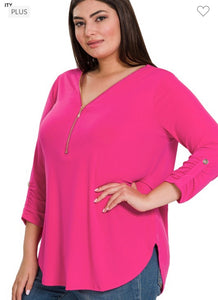 Hot Pink Front Zip 3/4 Sleeve Top