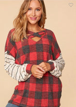 Load image into Gallery viewer, Red/Black Plaid Criss Cross Neck with Stripe Sleeve
