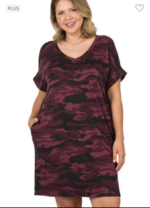 Burgundy Camo Short Sleeve V-neck Longline Top