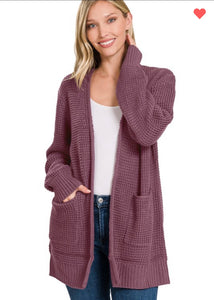 Eggplant Waffle Open Cardigan Sweater