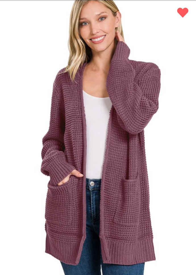 Eggplant Waffle Open Cardigan Sweater