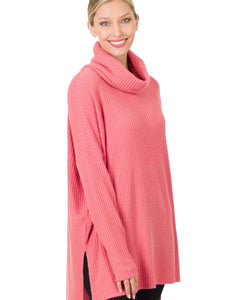 Desert Rose Brushed Thermal Waffle Cowl Neck Sweater