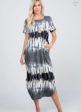 Load image into Gallery viewer, Black/Grey Tie Dye Midi Dress with Pockets
