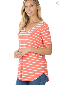 Deep Coral/Ivory Stripe V-neck Short Sleeve Top