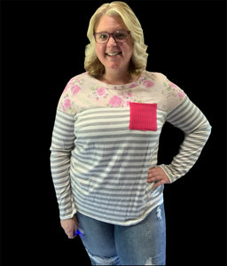 Fuchsia/Heather Grey Floral/Stripe Colorblock Top