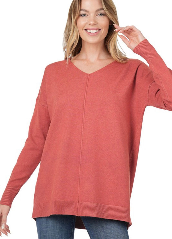 V-Neck Front Seam Sweater Heather Rust