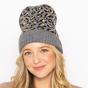 Grey Leopard Print Ribbed Cuffed Beanie