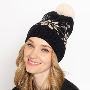 Black Snowflake Knit Beanie With Pom