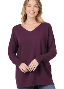 Dark Plum V-Neck Front Seam Sweater