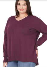 Load image into Gallery viewer, Dark Plum V-Neck Front Seam Sweater
