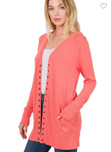 Deep Coral Snap Cardigan with Pockets