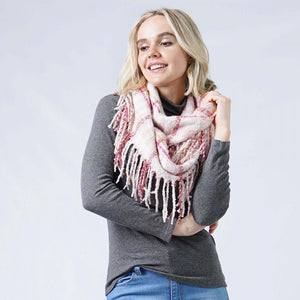 Plaid Infinity Scarf with Chunk Knit Tassel