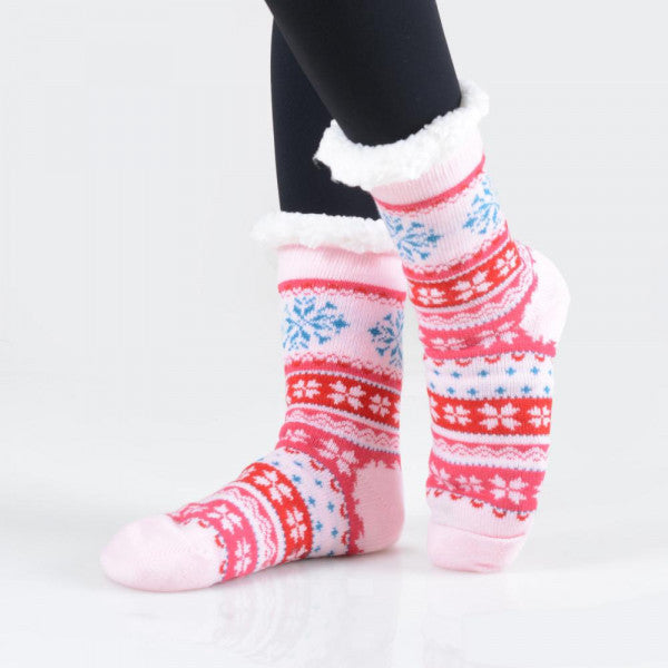 Sherpa Lined Slipper Socks-Snowflake Argyle Pattern