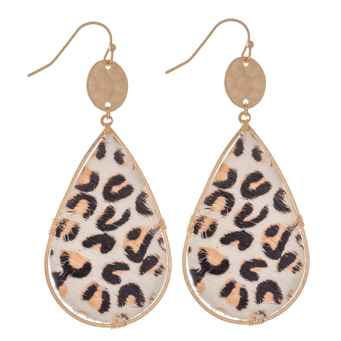 Hammered Leopard Print Cow Hide Teardrop Earrings