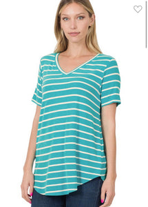 Ice Blue/Ivory Stripe V-neck Short Sleeve Top