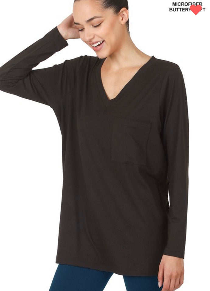 Black Brushed Front Pocket Long Sleeve Top